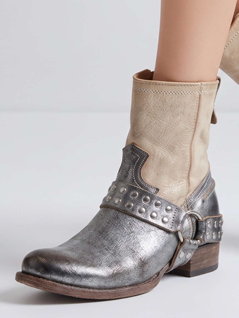 FREEBIRD • Ramone Studded Harness Leather Boots Silver Cream Size 8